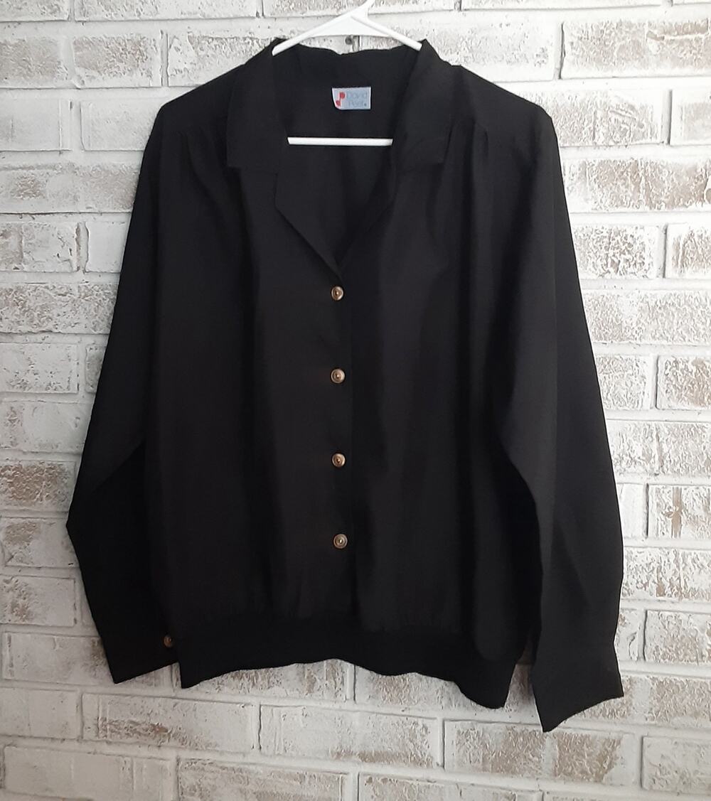 Vintage David Peet Black Blouse sz 50 Ribbed hem Gold buttons Timeless